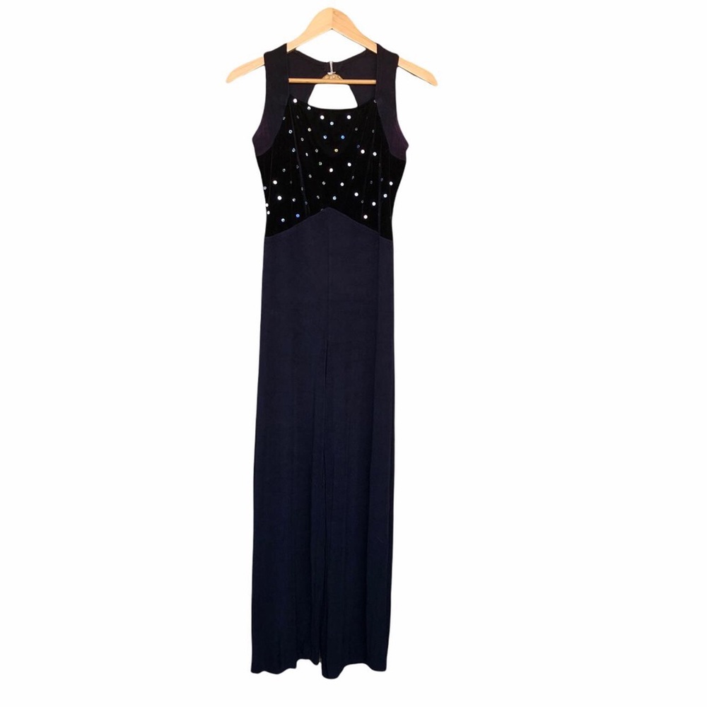 Vintage polyester/spandex jumpsuit in midnight blue with sequins